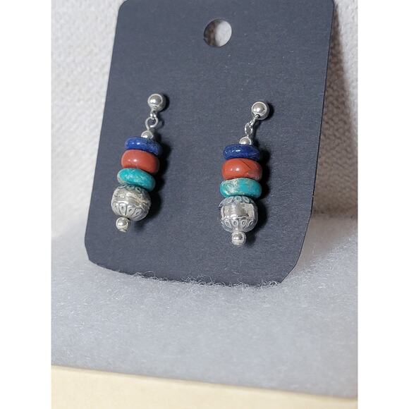 Southwestern Sterling Silver Beaded Drop Earrings - Picture 1 of 4